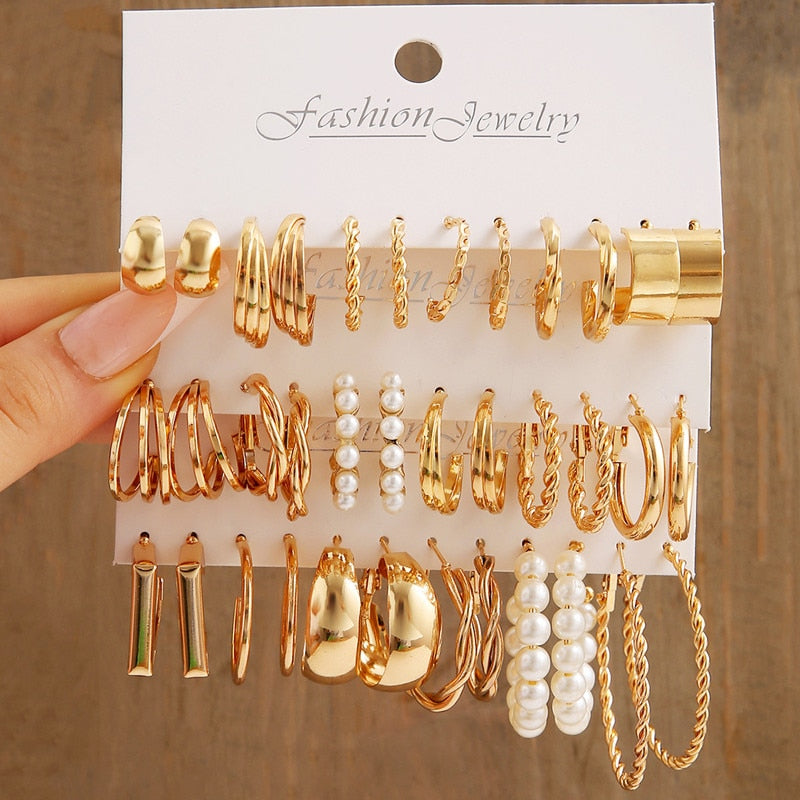 Gold Pearl Hoop Earrings Set