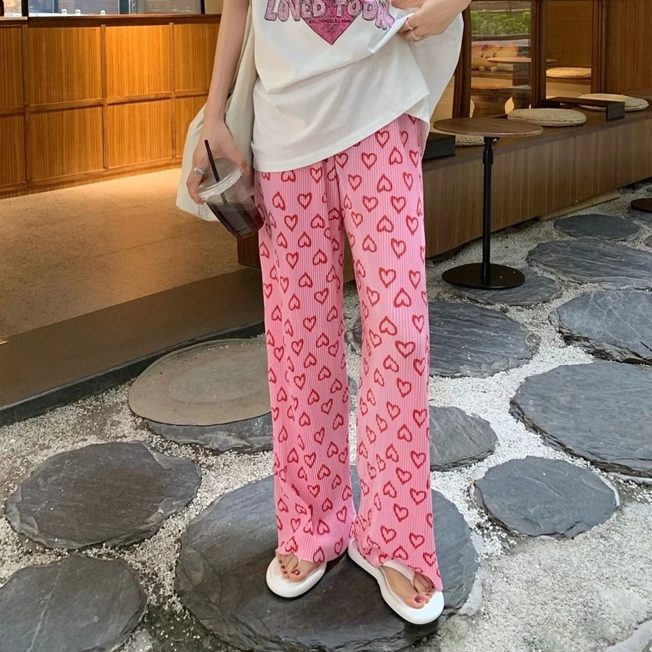 Pink Hearts Wide Leg Trousers Pants
