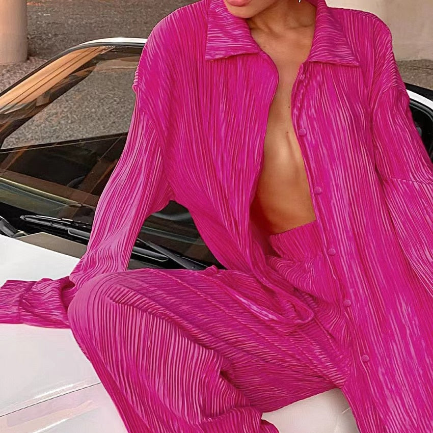 Long Sleeve Blouses+Wide Leg Pants Two Piece Set