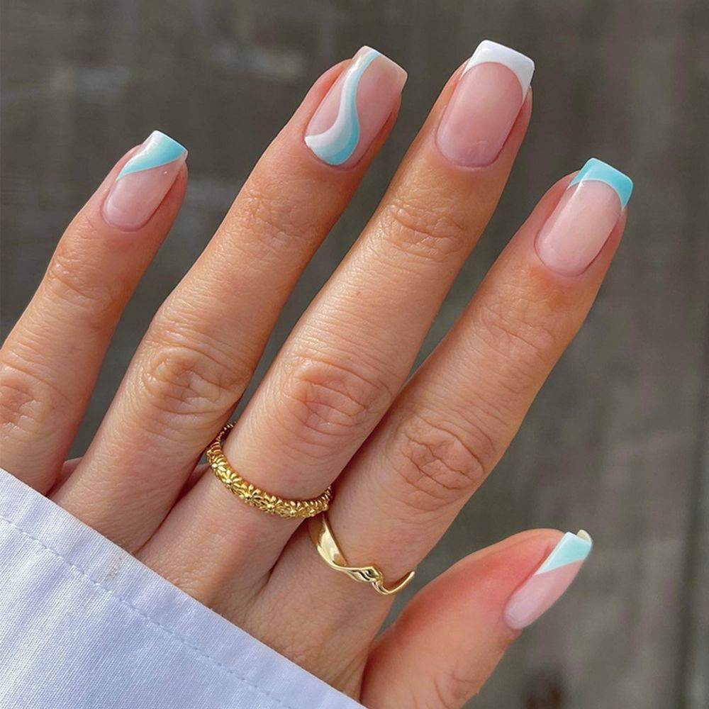 24Pcs White/Blue French Square Press On Nails