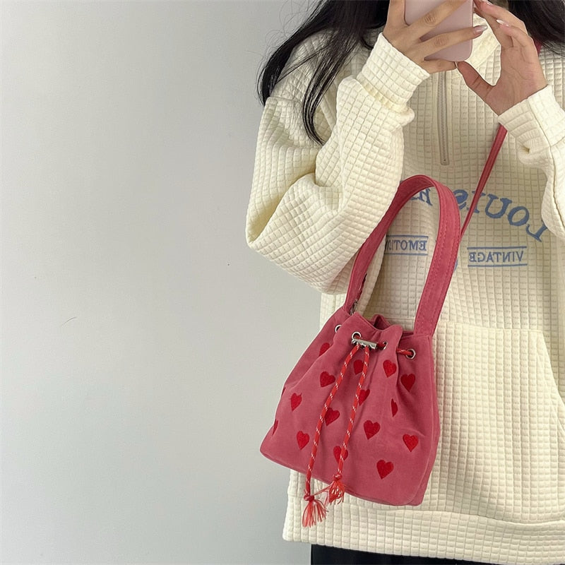 Pink Heart Embroidered Bucket Bag