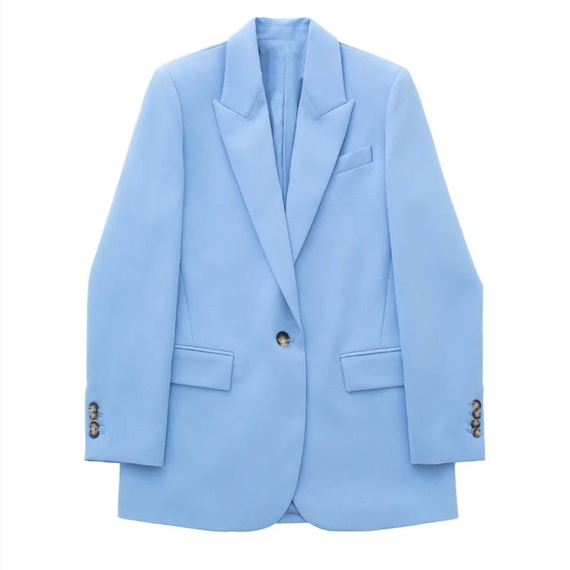 Sky Blue Loose Blazer / High Waist Straight Pants Set