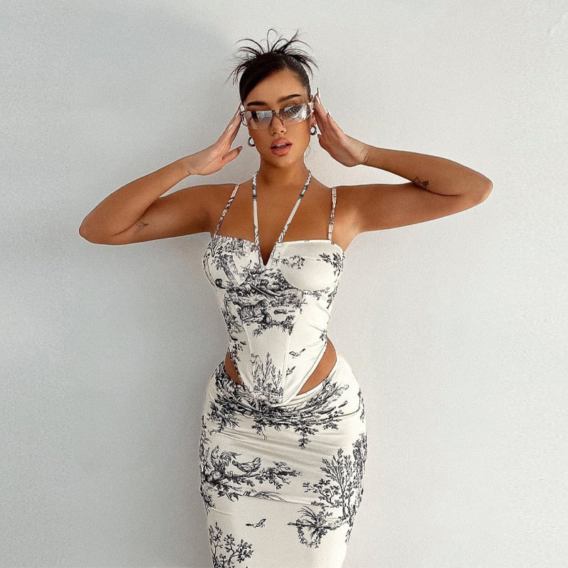 Halter Print Corset Two Piece Set