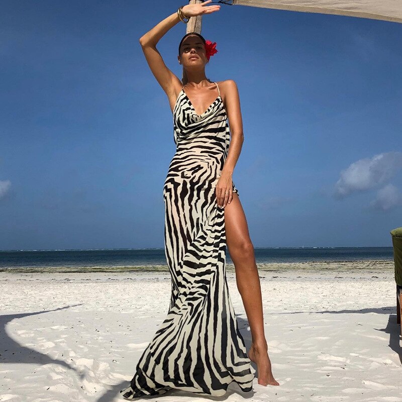 Strap Side Split Zebra Pattern Dress