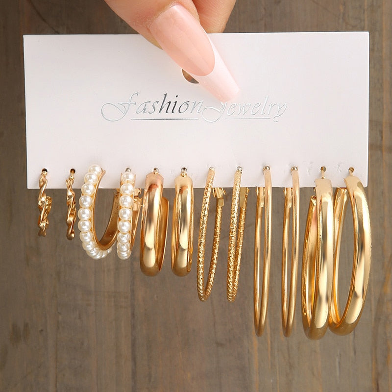 Gold Pearl Hoop Earrings Set