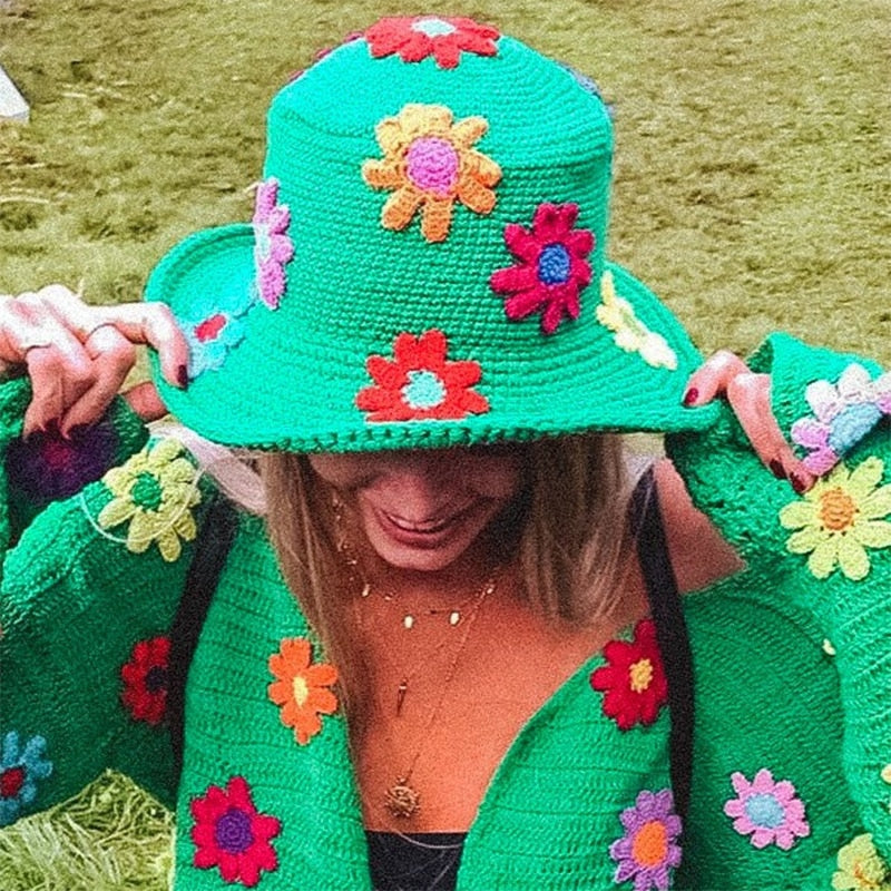 Green Daisy Crochet Bucket Hat