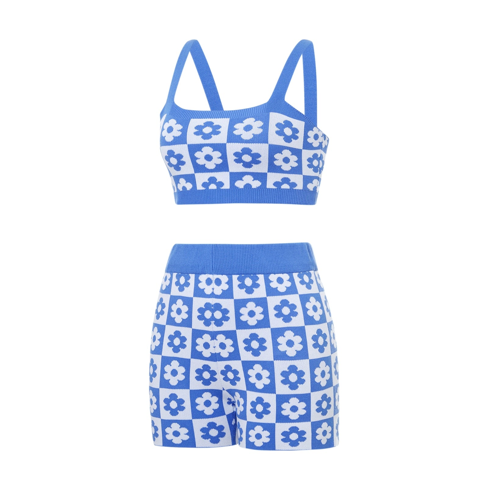 Blue Floral Knit Two Piece Sets