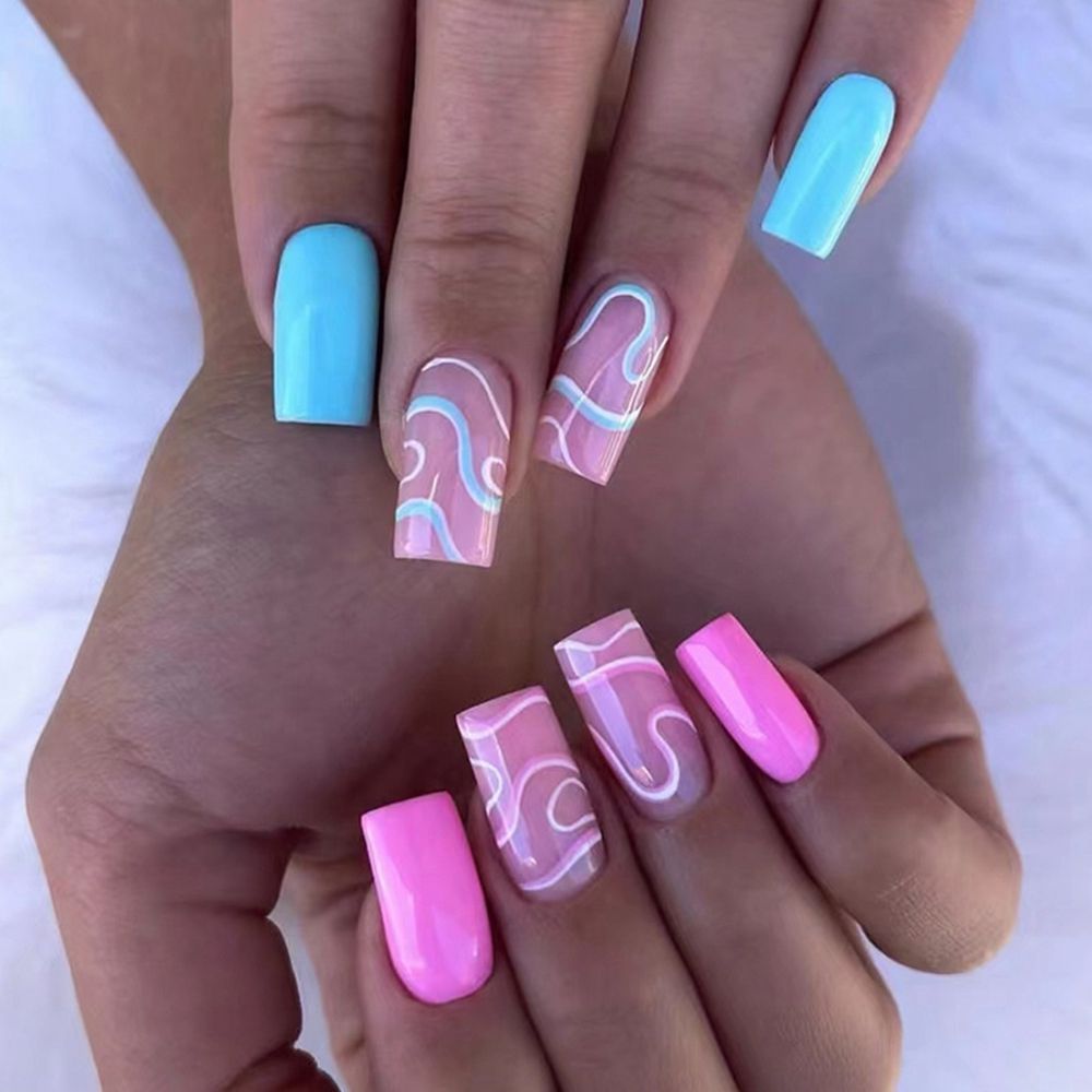 24pcs/Box Wave Line Square Head Press On Nails Pink