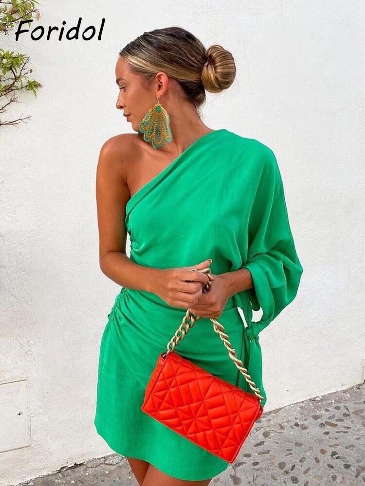 Green Lace Up One Shoulder Dress