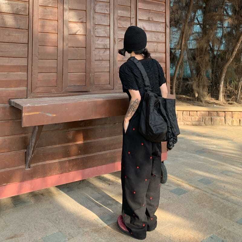 Black Denim Hearts Wide Leg Pants