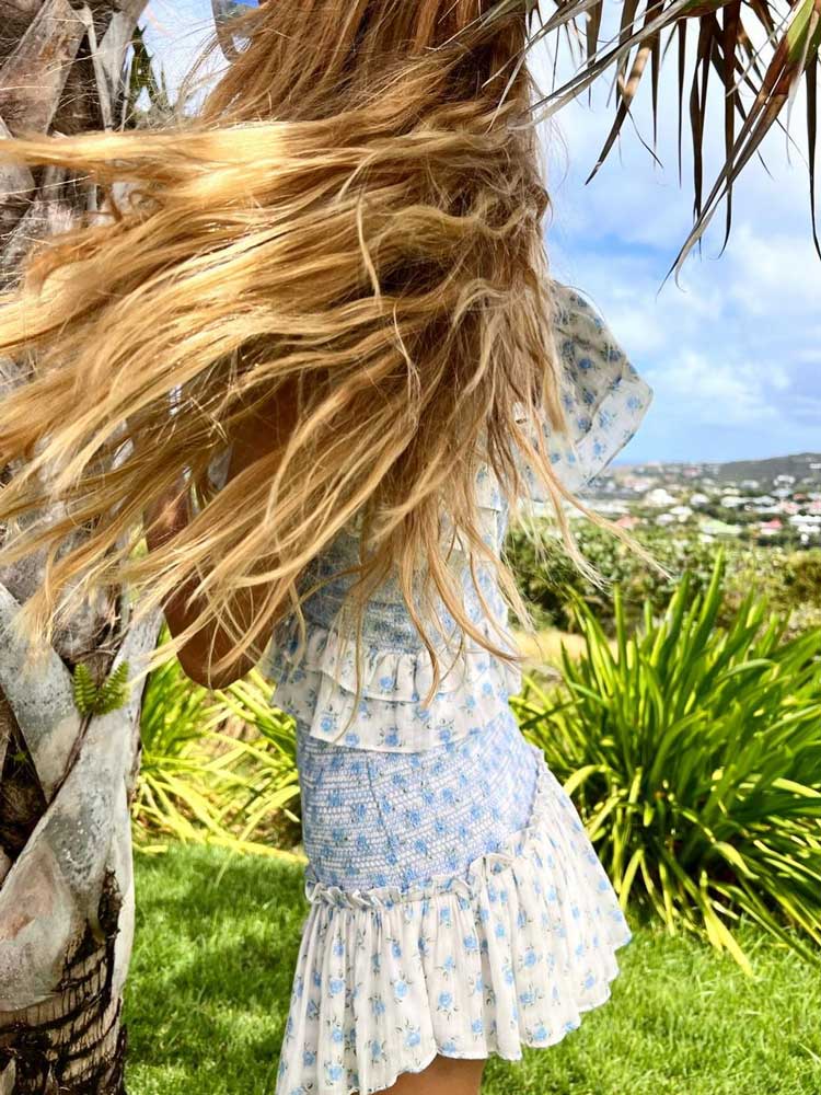 Blue Ruffled Floral Print Dress