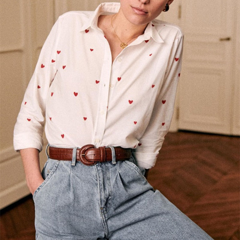 Heart Embroidery White Shirt