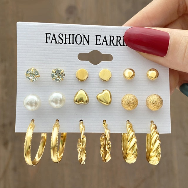 Gold Pearl Hoop Earrings Set