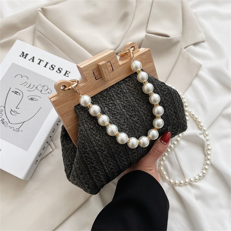 Wooden Straw Clip Bag Pearl Bag