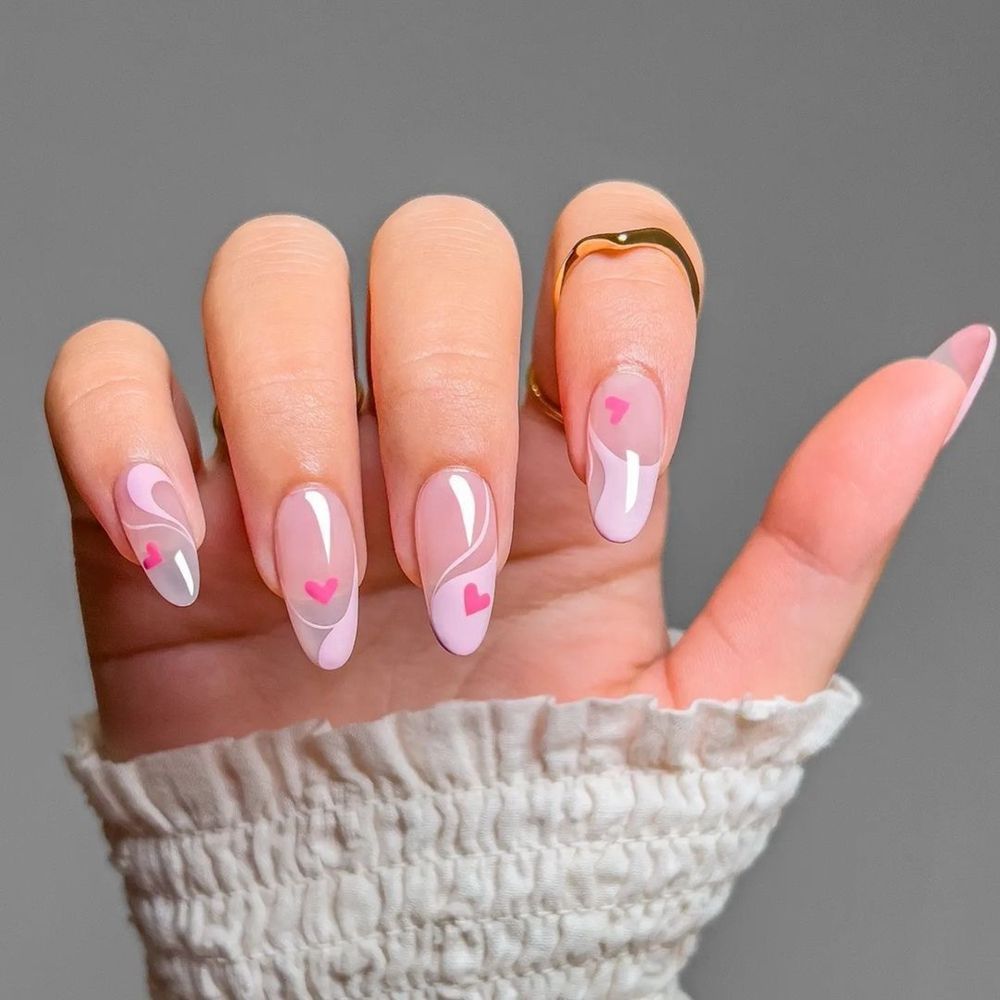 24pcs/Box Pink  Heart Almond Press On Nails