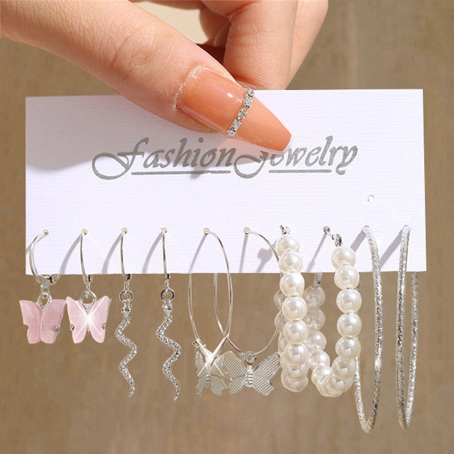 Gold Pearl Hoop Earrings Set