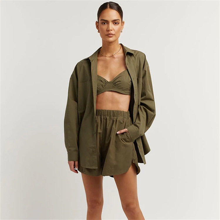 Bra Tops + Long Sleeve Shirt + Short Pants Set