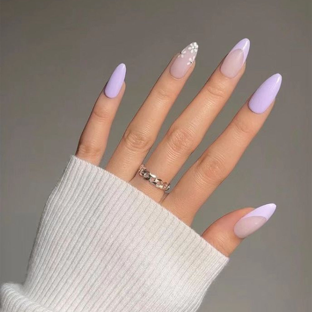 24Pcs/Set Purple Flowers French Stiletto Nails