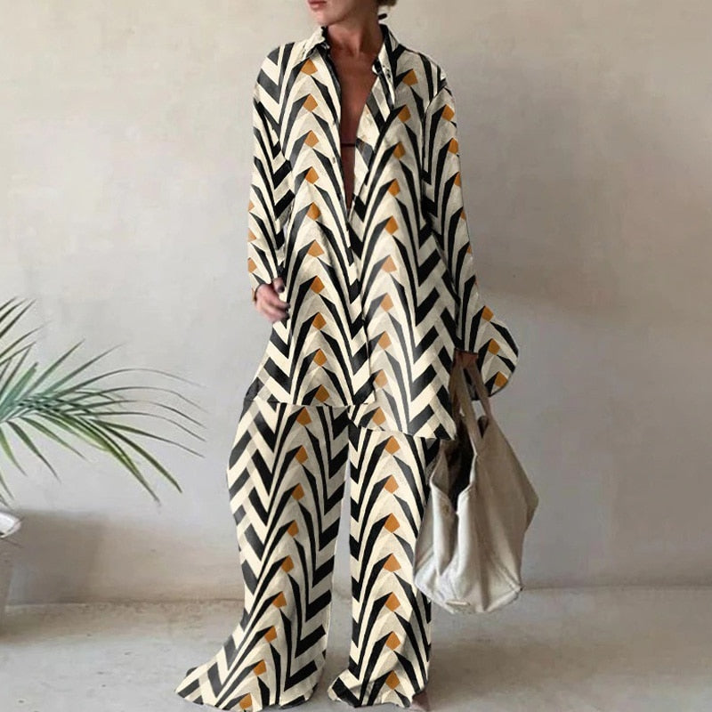Black Geometric Loose Stripe Shirt Pants Two Piece Set