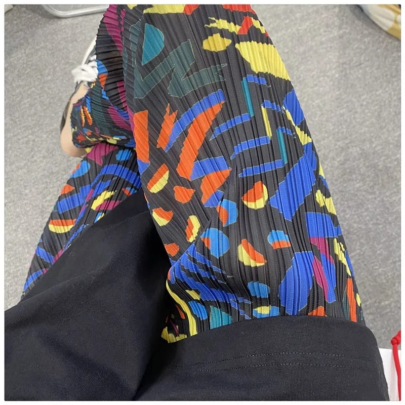 Black Abstract Color Wide Leg Trousers Pants