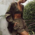 Bra Tops + Long Sleeve Shirt + Short Pants Set