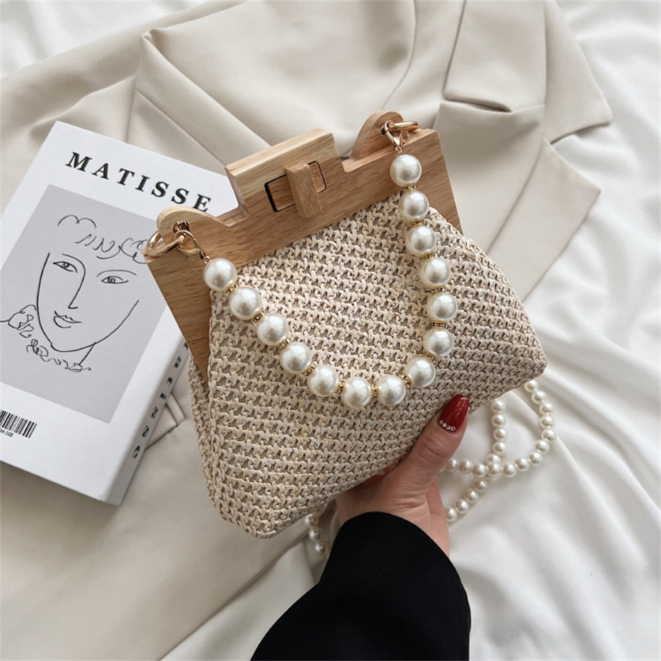 Wooden Straw Clip Bag Pearl Bag