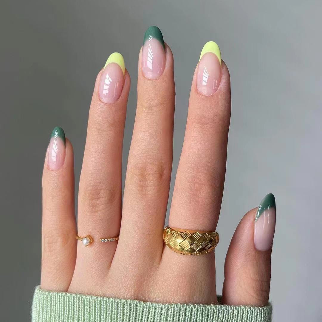 24pcs Yellow/Green French Oval Nails Set