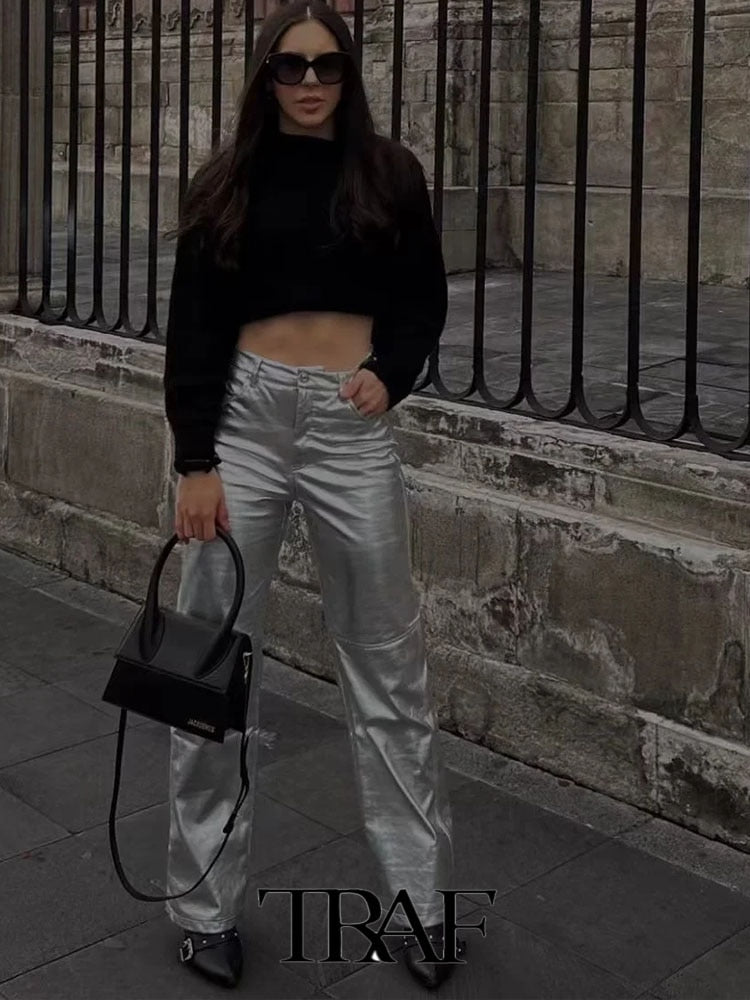Metallic High Waist Leather Pants