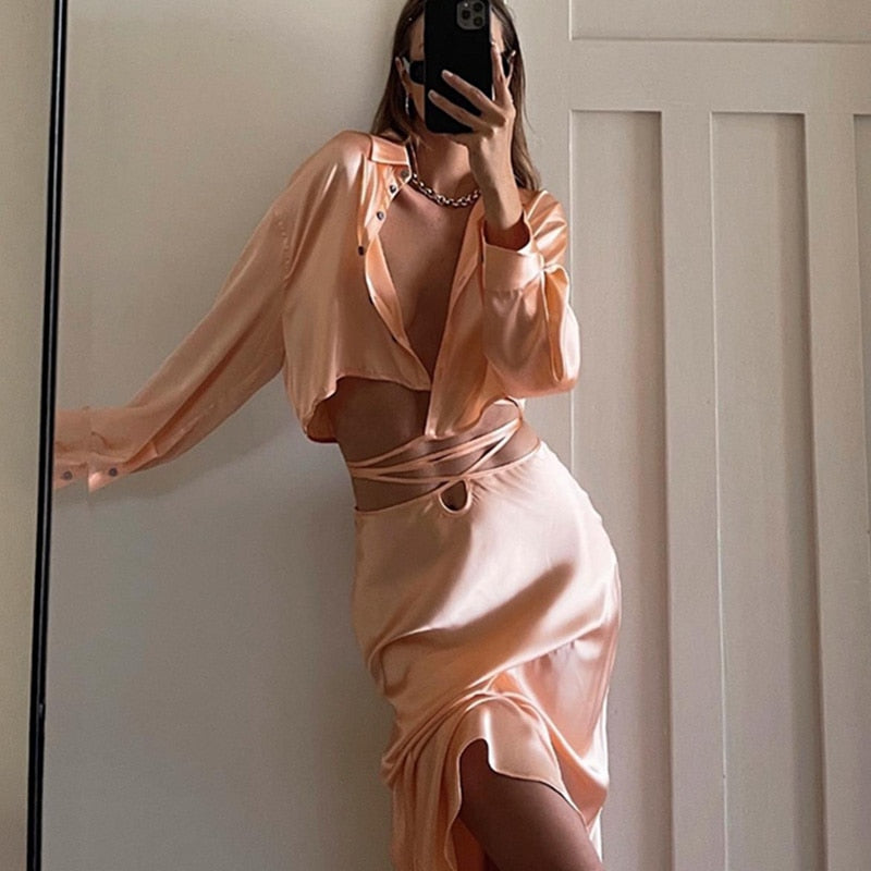 Pink Satin Two Piece Set