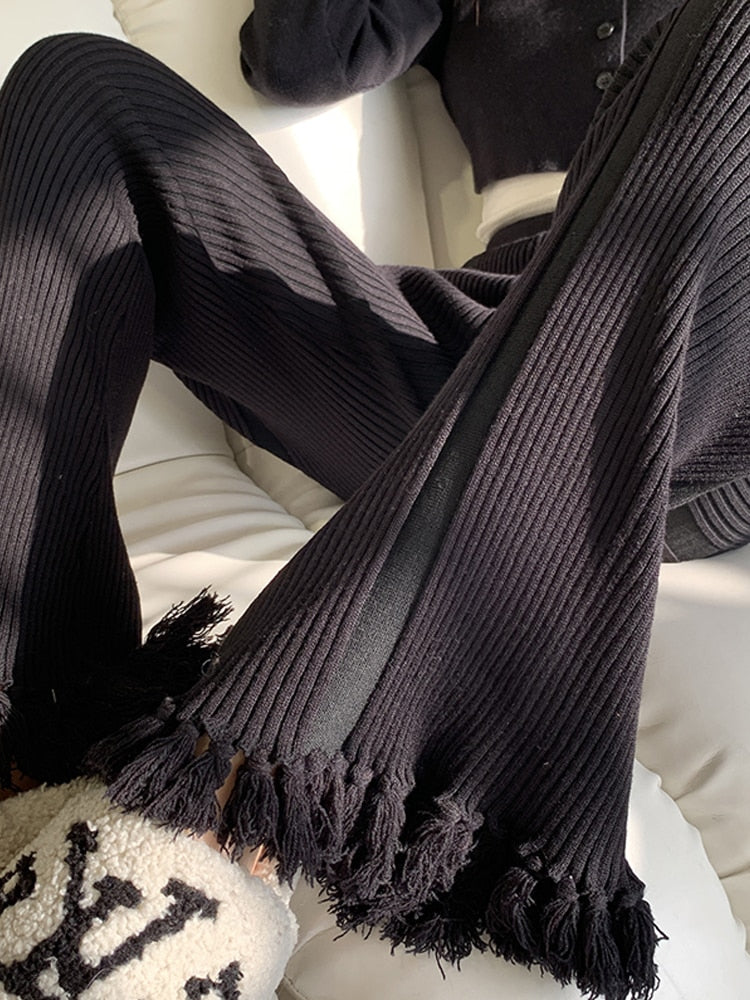 Black Tassel Flare Knitted Pants