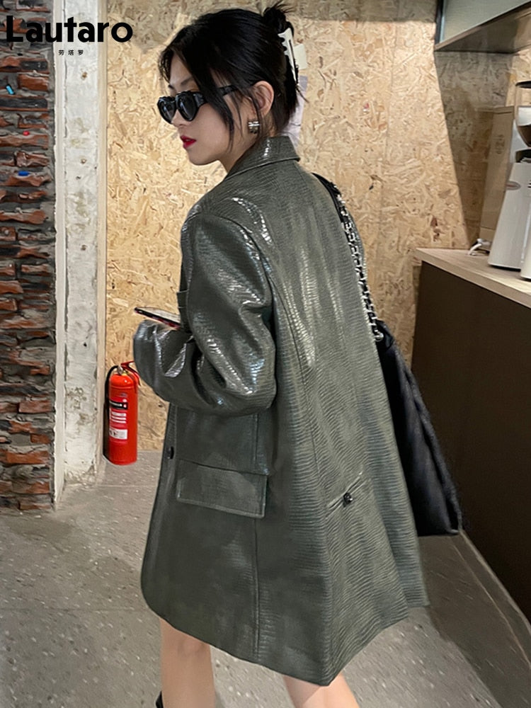 Green Crocodile Faux Leather Blazer