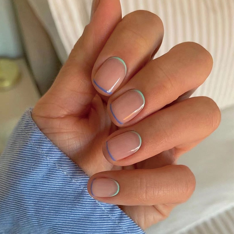 24pcs Blue/Green French Press On Nails