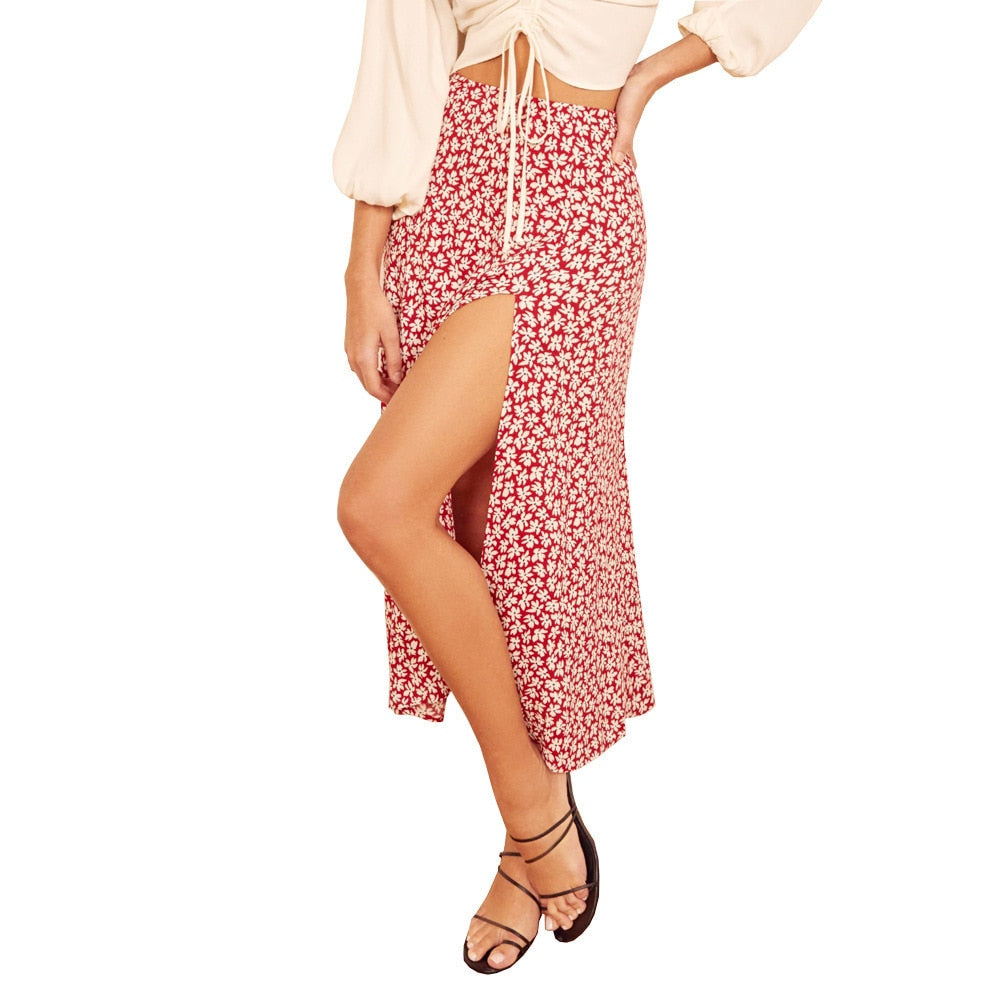 Split Midi Skirts Floral Printing