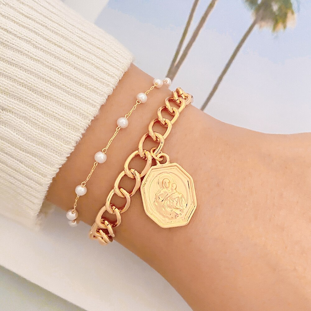 Gold Heart Pearl Smiley Bracelet