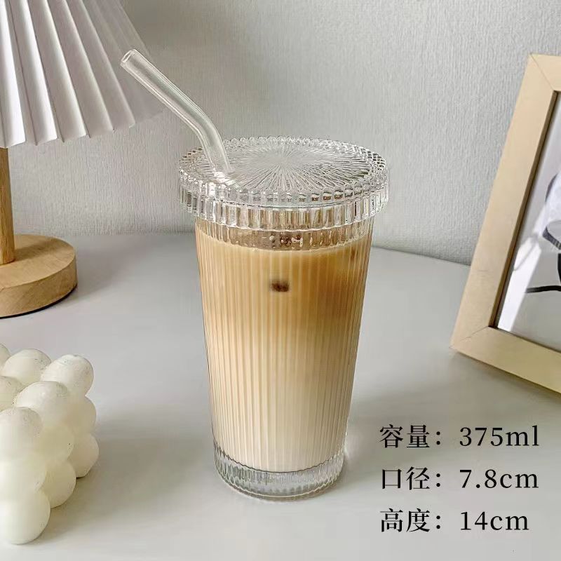 375Ml Stripe Glass Cup with Lip Straw