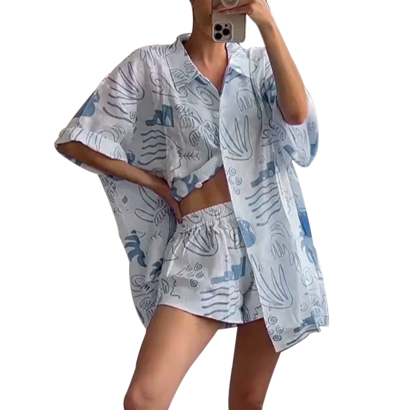 Blue Cotton Printed Two Piece Set