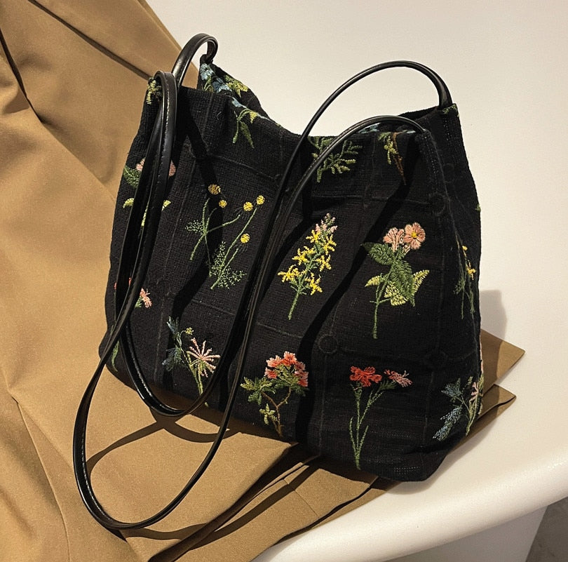 Black Embroidery Flowers Tote Bag