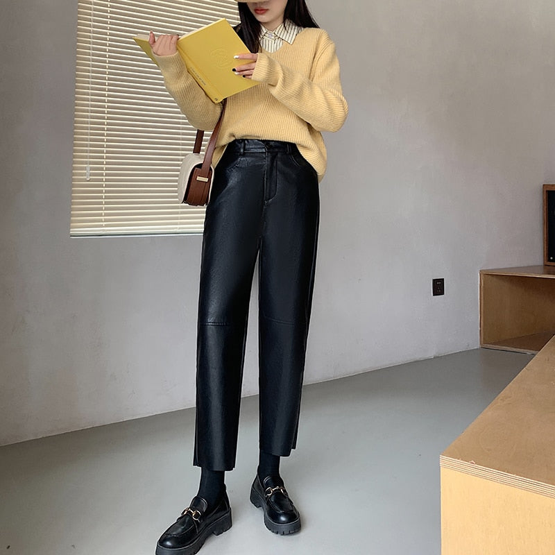 Black Leather Wide Leg Pants
