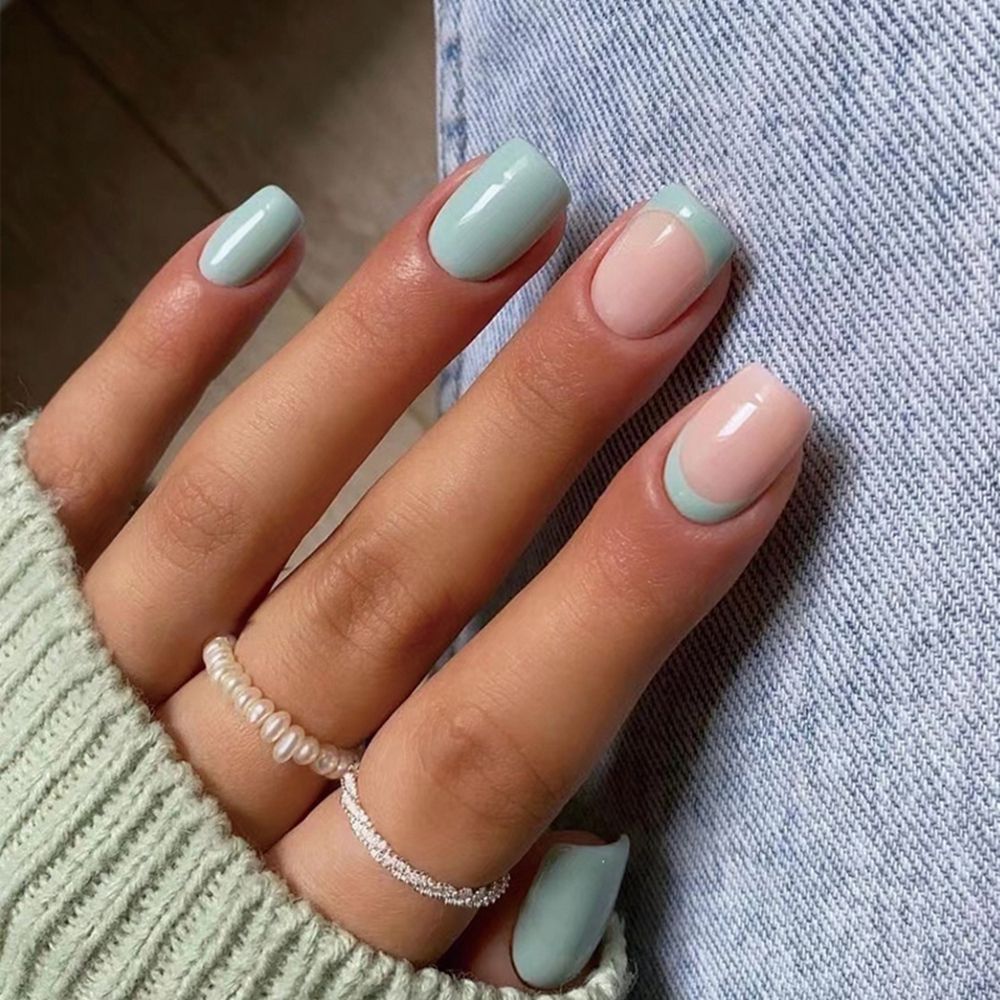24Pcs Aquamarine French Square Press On Nails