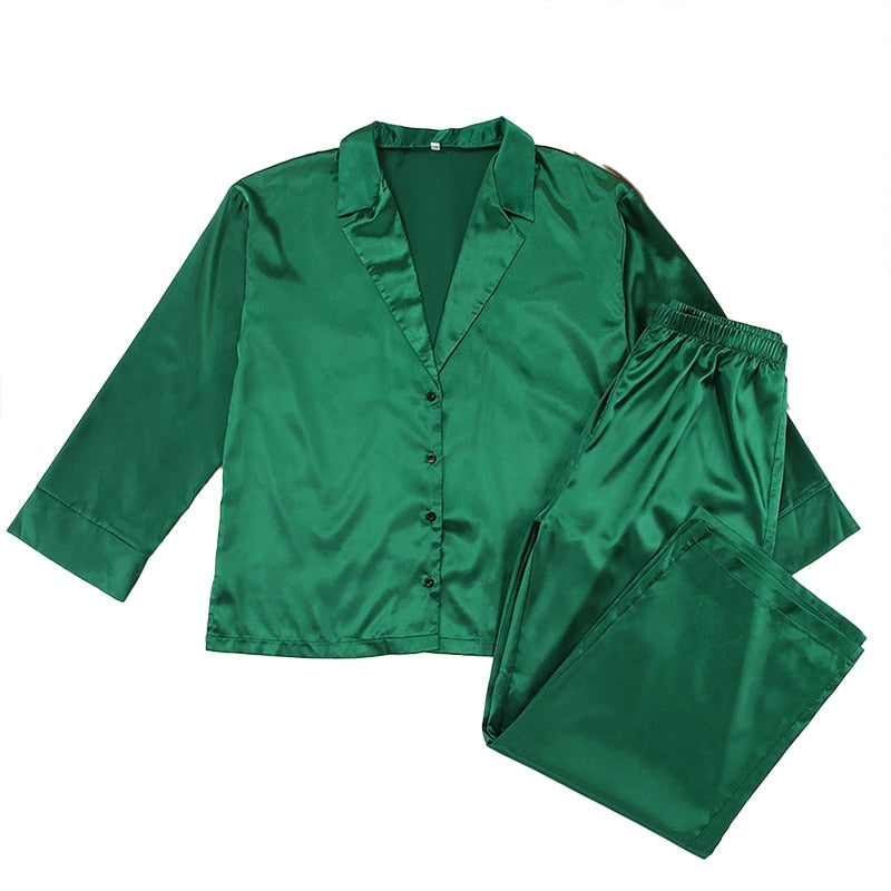 Satin Silk Loose Long Sleeve Pyjama Set
