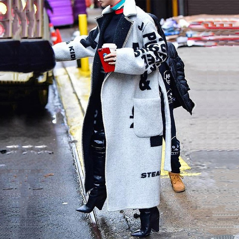 Pattern Print Long Woolen Coat