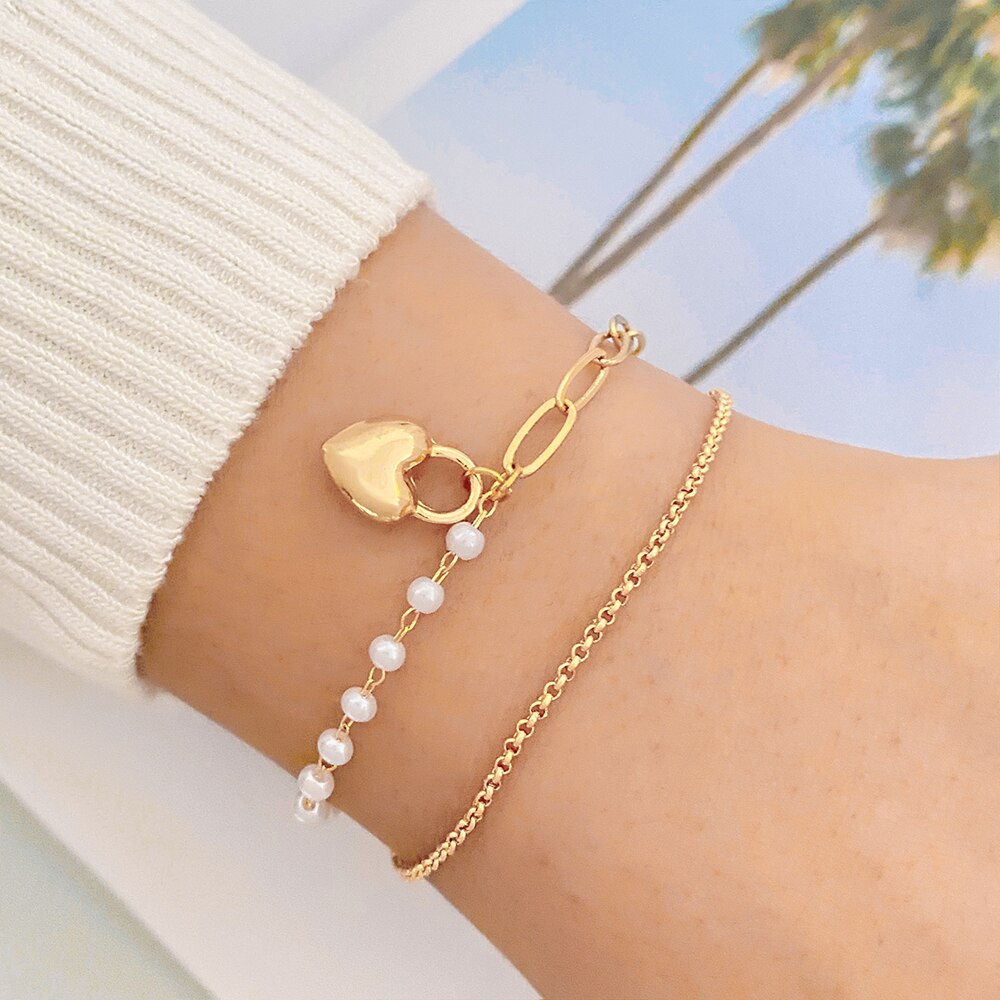 Gold Heart Pearl Smiley Bracelet