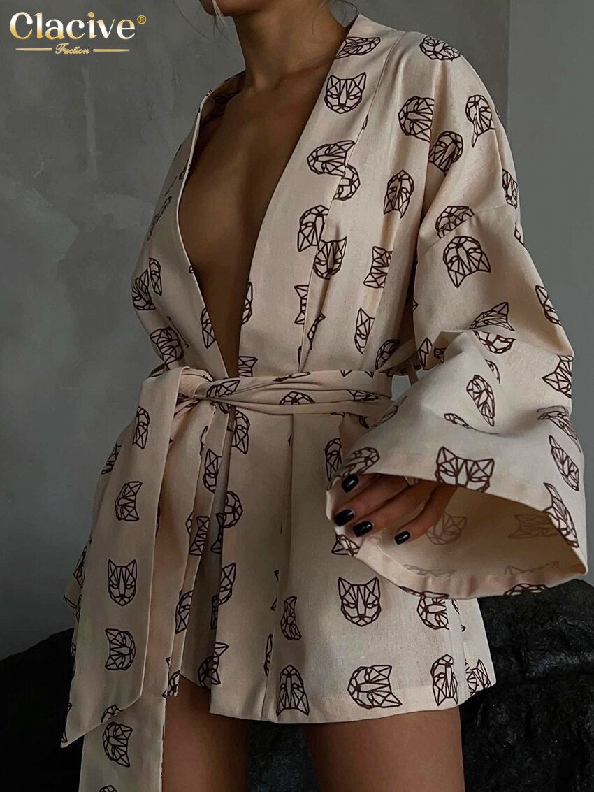 Long Sleeve Robes + High Waist Shorts Set