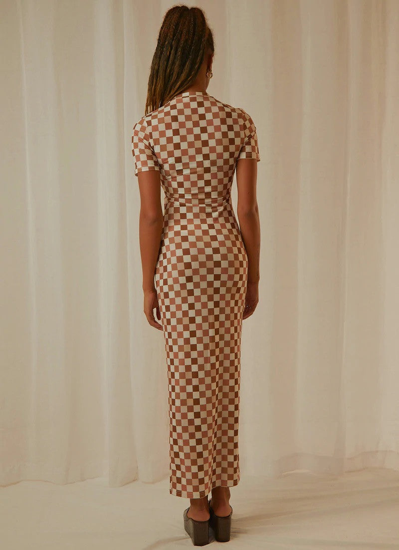 Brown Plaid Print Maxi Dress