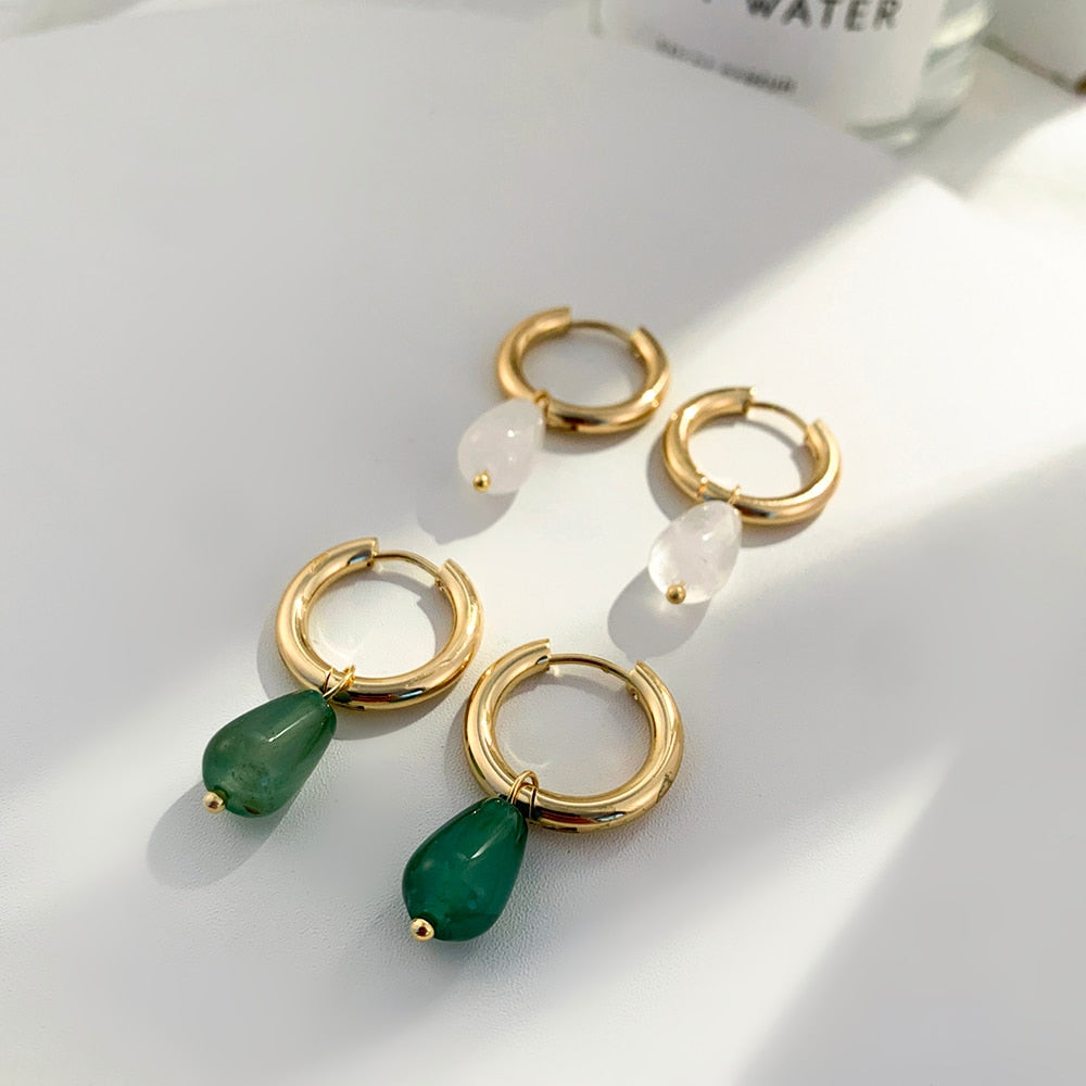 Transparent Green Natural Stone Teardrop Earrings
