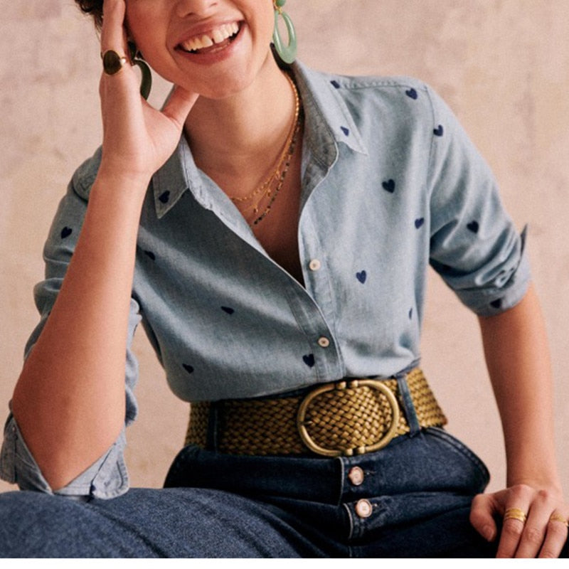 Black Heart Embroidery Denim Shirt
