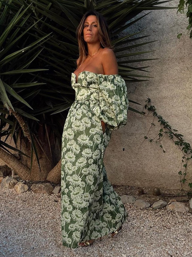 Green Floral Print Midi Dress