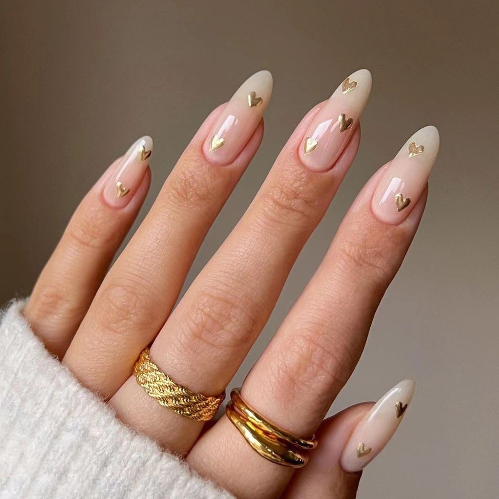 24pcs/Box Nude Gold Heart Almond Press On Nails