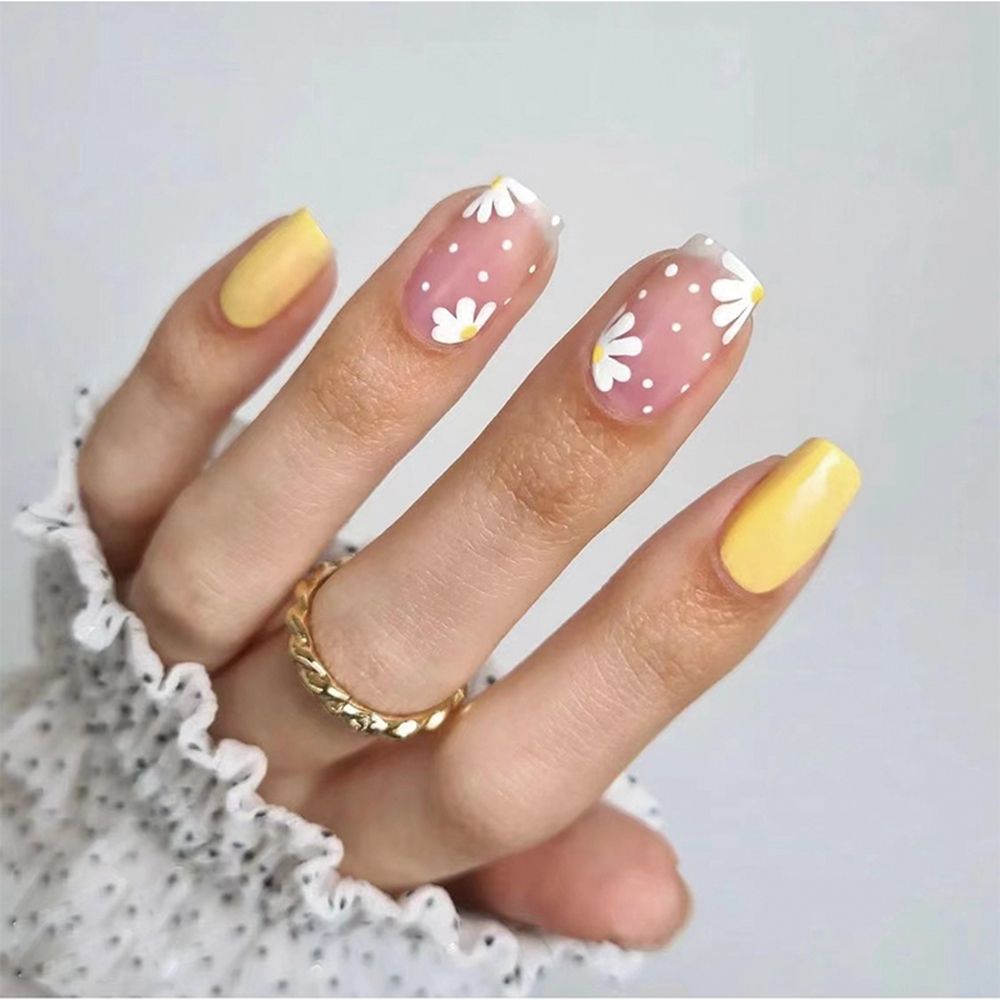 24pcs/Box Yellow/White Flowers Square Press On Nails