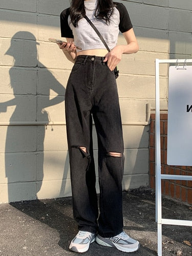 Solid Hole High Waist Jeans